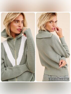 Small Varley Ada Zip Knit Sweater collar moss Sage White v pattern pockets